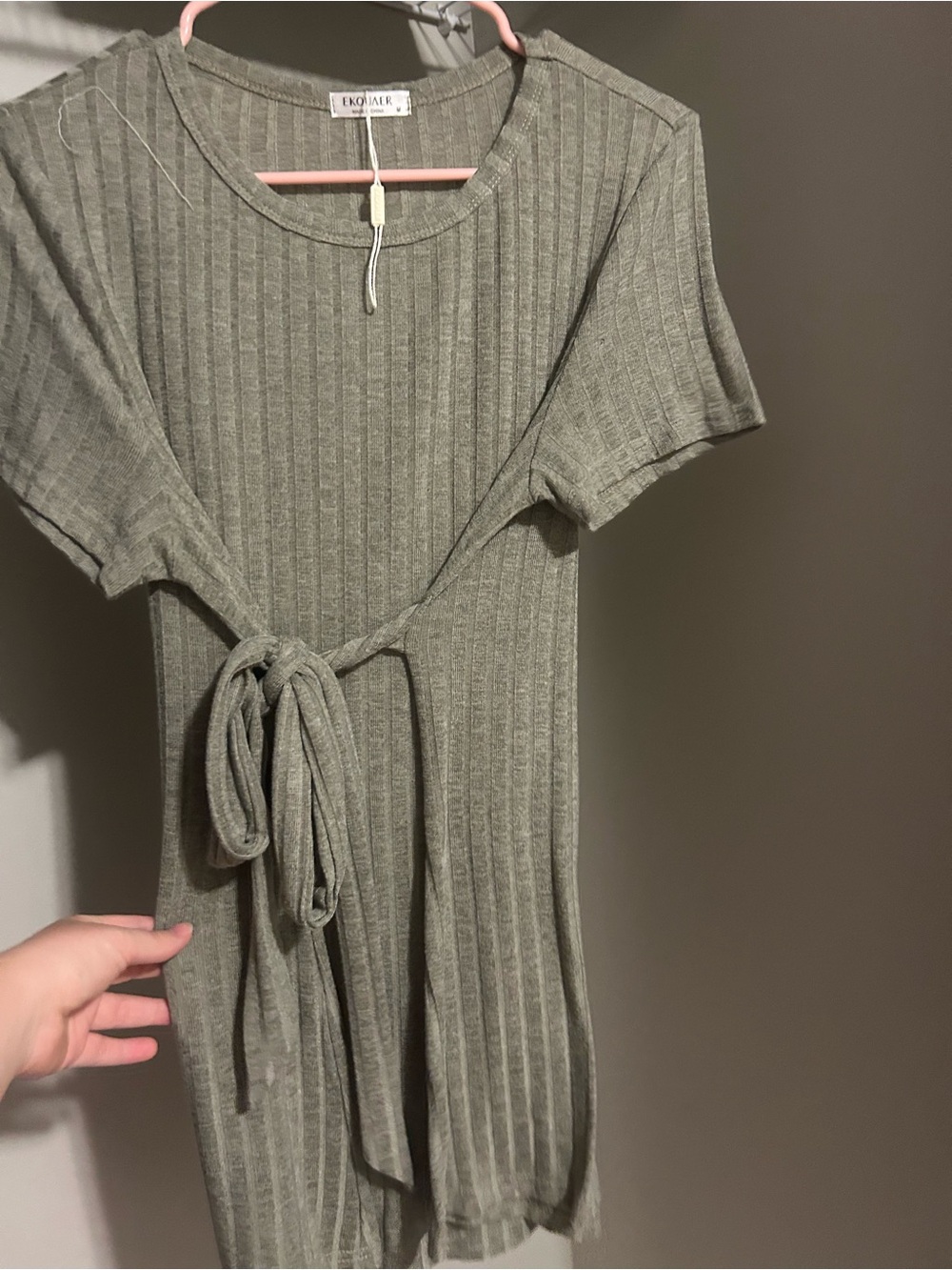 maternity top bundle-Ribbed Tie-Front Short Sleeve Dress — Olive Green